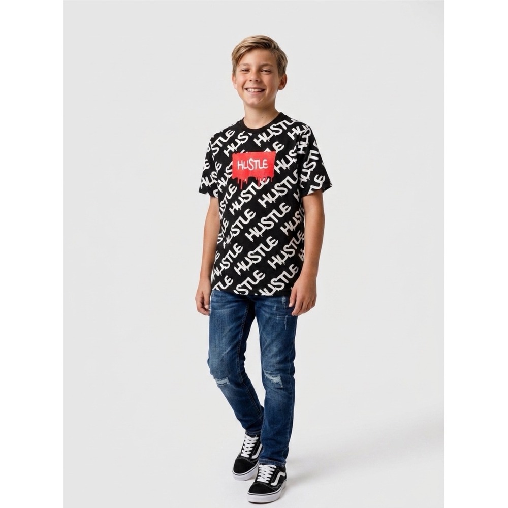 Prime Hustle Print T-Shirt Boys Black Red Graffiti Streetwear Size Boys Large